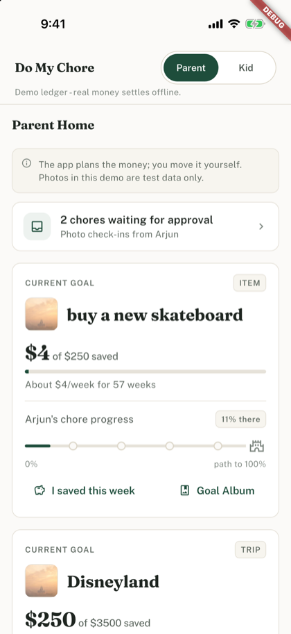 Parent home in Do My Chore showing the family goal and save plan